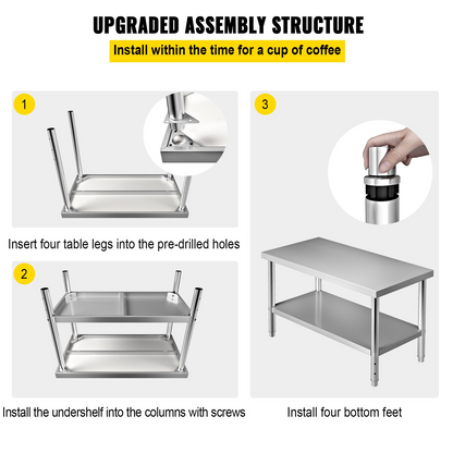 VEVOR Stainless Steel Prep Table, 48 x 30 x 34 Inch, 550lbs Load Capacity Heavy Duty Metal Worktable with Adjustable Undershelf, Commercial Workstation for Kitchen Restaurant Garage Backyard