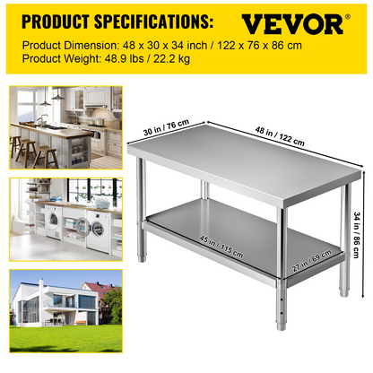 VEVOR Stainless Steel Prep Table, 48 x 30 x 34 Inch, 550lbs Load Capacity Heavy Duty Metal Worktable with Adjustable Undershelf, Commercial Workstation for Kitchen Restaurant Garage Backyard