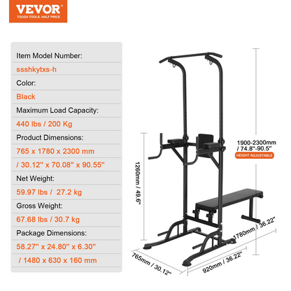 VEVOR Power Tower with Bench, 10-Level Height Adjustable Pull Up Bar Stand Dip Station & Detachable Bench, Multi-Function Home Gym Strength Training Fitness Equipment with Backrest, Elbow Pads, 440LBS