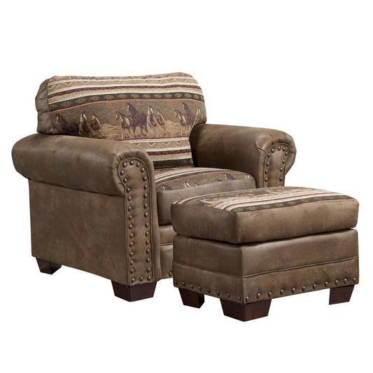 Wild Horses Arm Chair with Matching Ottoman - Rustic Look, Comfortable Foam Cushions, Made in the USA