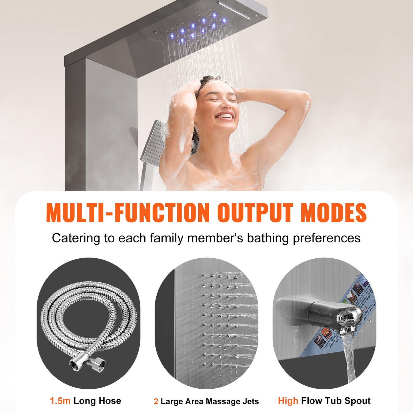 VEVOR Shower Panel System, 5 Shower Modes, LED Shower Panel Tower, Rainfall, Waterfall, 2 Body Massage Jets, Tub Spout, Handheld Shower Head with 59" Hose, Stainless Steel Wall-Mounted Shower Set