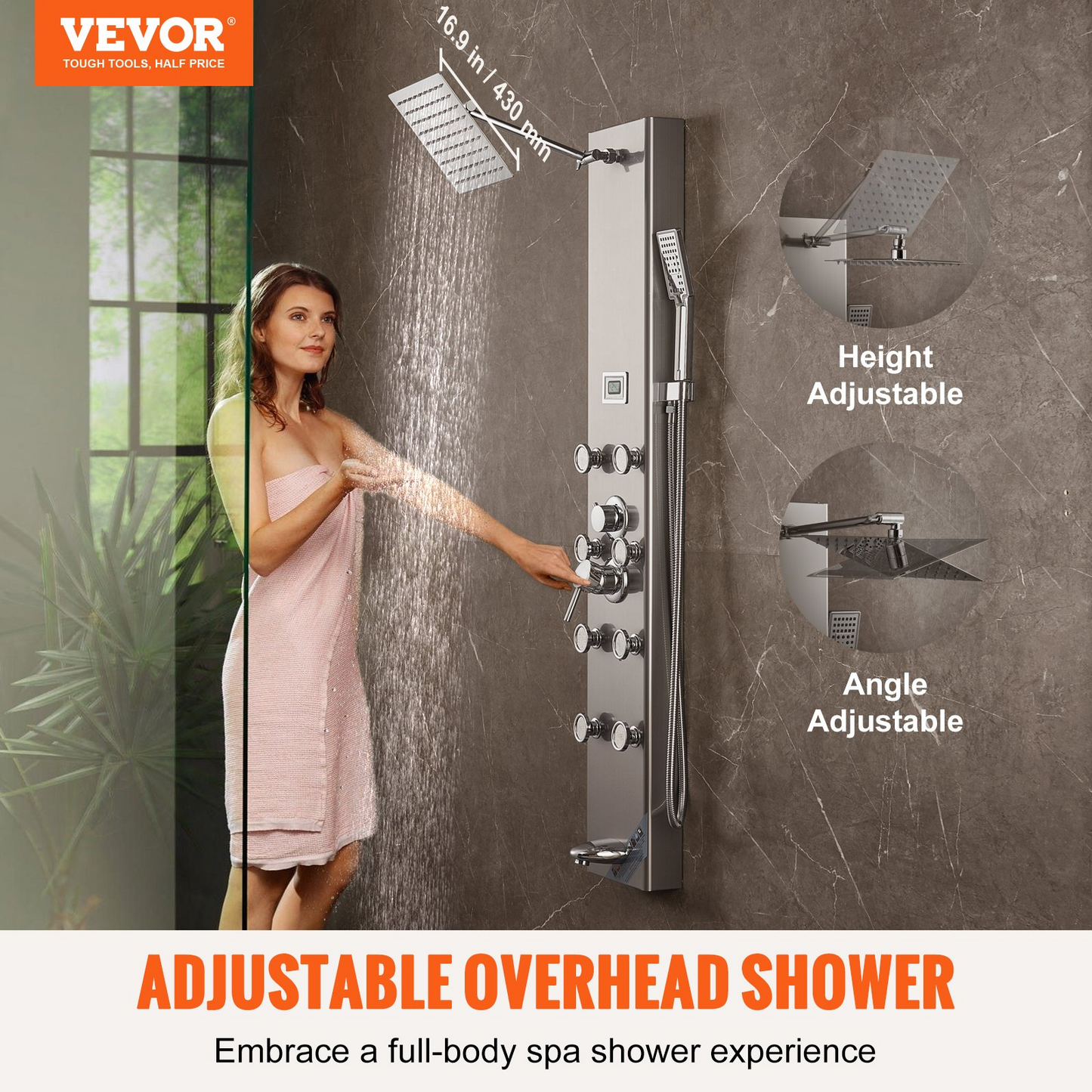 VEVOR Shower Panel System, 5 Shower Modes, Digital Display Shower Panel Tower, Rainfall, 8 Massage Jets, Tub Spout, 3-Setting Handheld Shower Head 59" Hose, Stainless Steel Wall-Mounted Shower Set