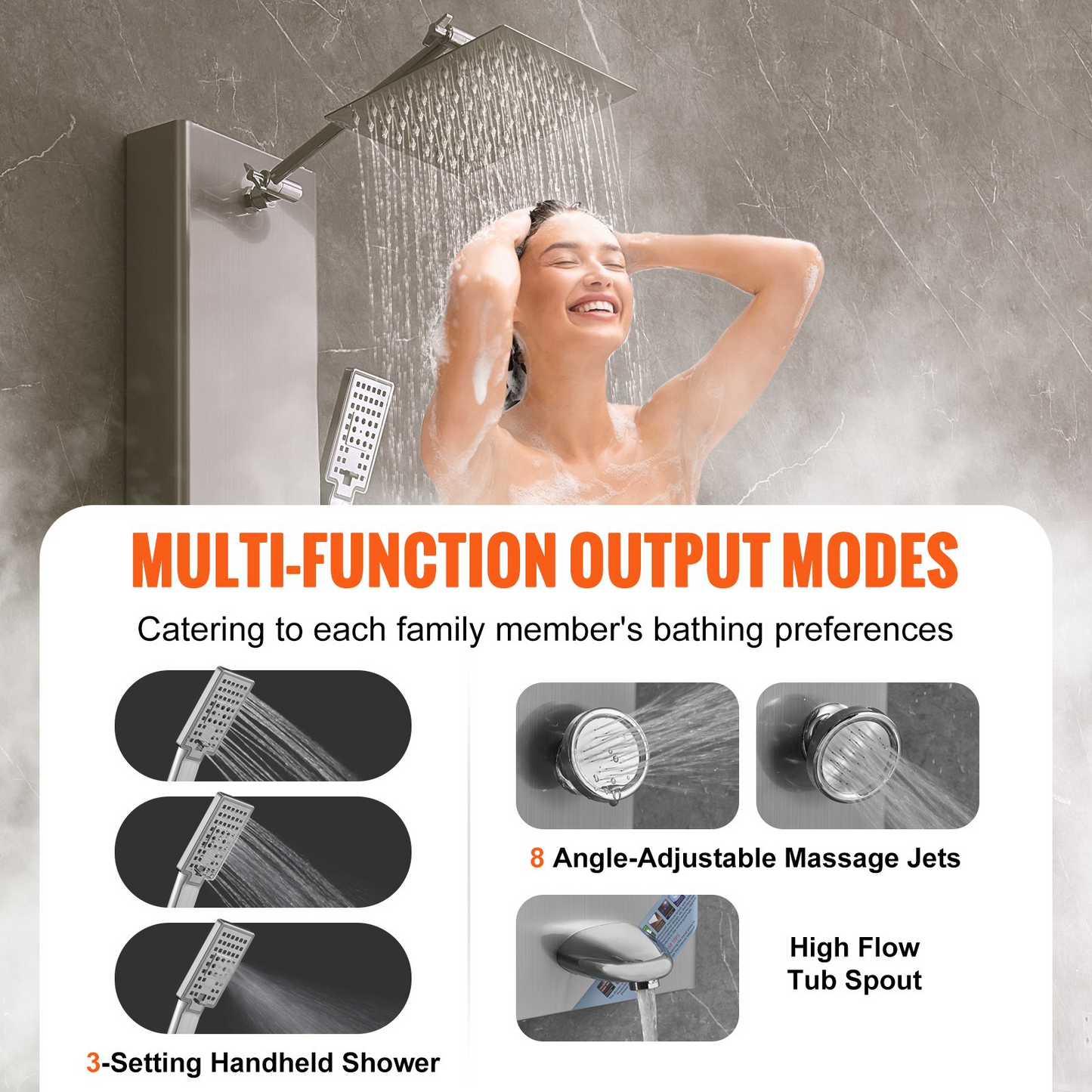 VEVOR Shower Panel System, 5 Shower Modes, Digital Display Shower Panel Tower, Rainfall, 8 Massage Jets, Tub Spout, 3-Setting Handheld Shower Head 59" Hose, Stainless Steel Wall-Mounted Shower Set