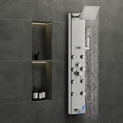 VEVOR Shower Panel System, 5 Shower Modes, Digital Display Shower Panel Tower, Rainfall, 8 Massage Jets, Tub Spout, 3-Setting Handheld Shower Head 59" Hose, Stainless Steel Wall-Mounted Shower Set