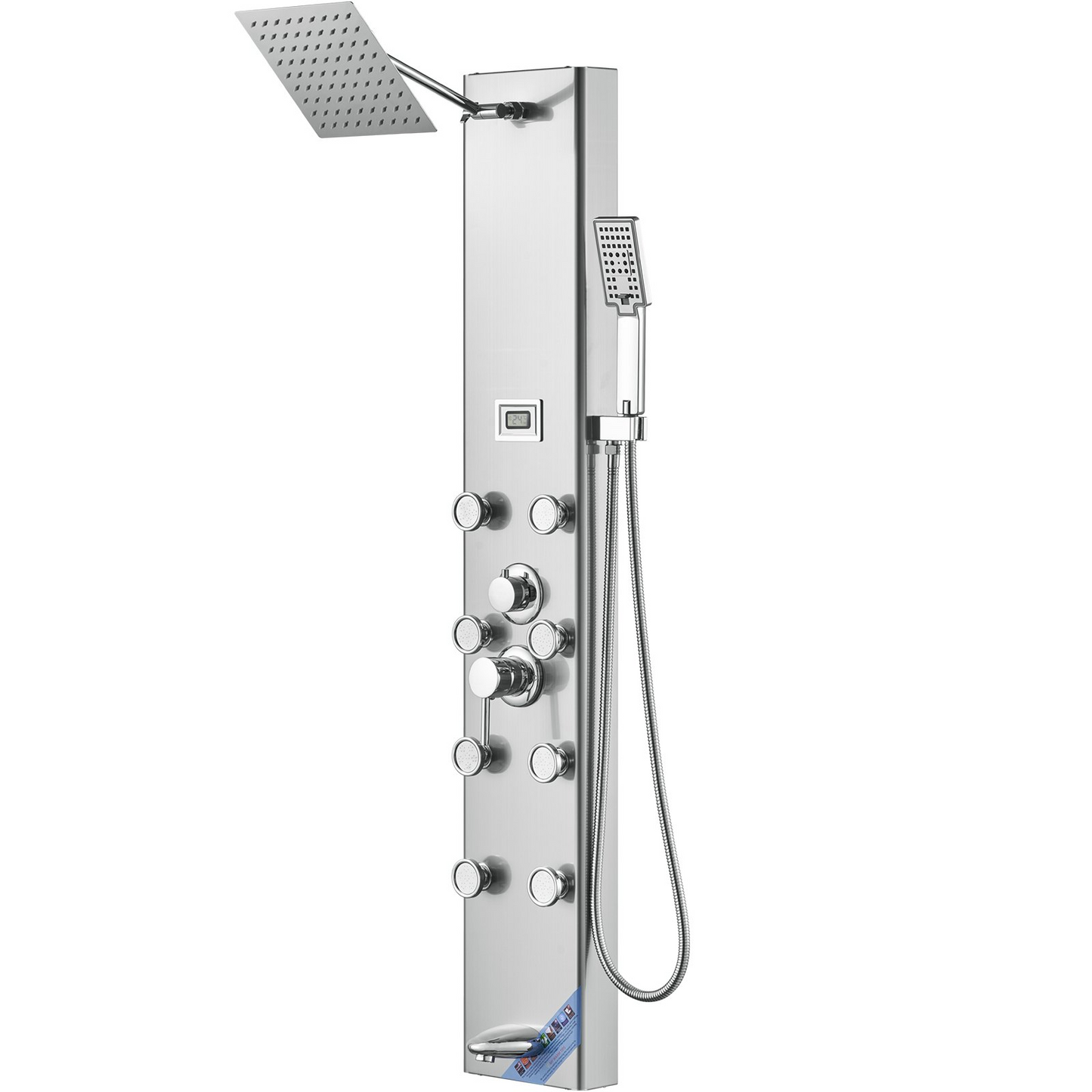 VEVOR Shower Panel System, 5 Shower Modes, Digital Display Shower Panel Tower, Rainfall, 8 Massage Jets, Tub Spout, 3-Setting Handheld Shower Head 59" Hose, Stainless Steel Wall-Mounted Shower Set