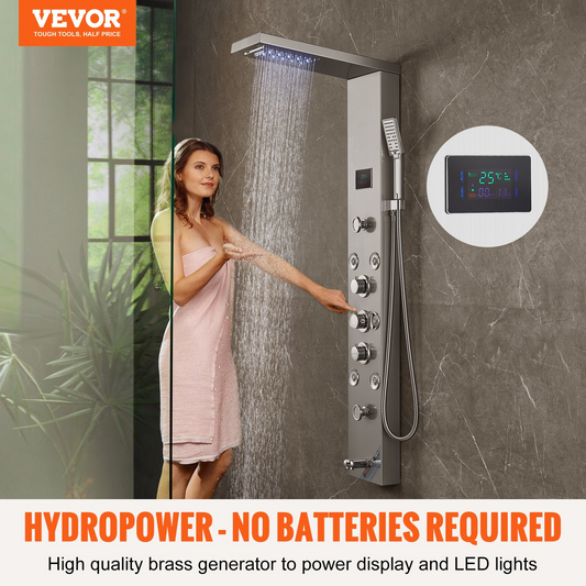 VEVOR Shower Panel System, 6 Shower Modes, LED & Screen Hydroelectricity Shower Panel Tower, Rainfall, Waterfall, 5 Massage Jets, Tub Spout, Handheld Shower, Stainless Steel Wall-Mounted Shower Set