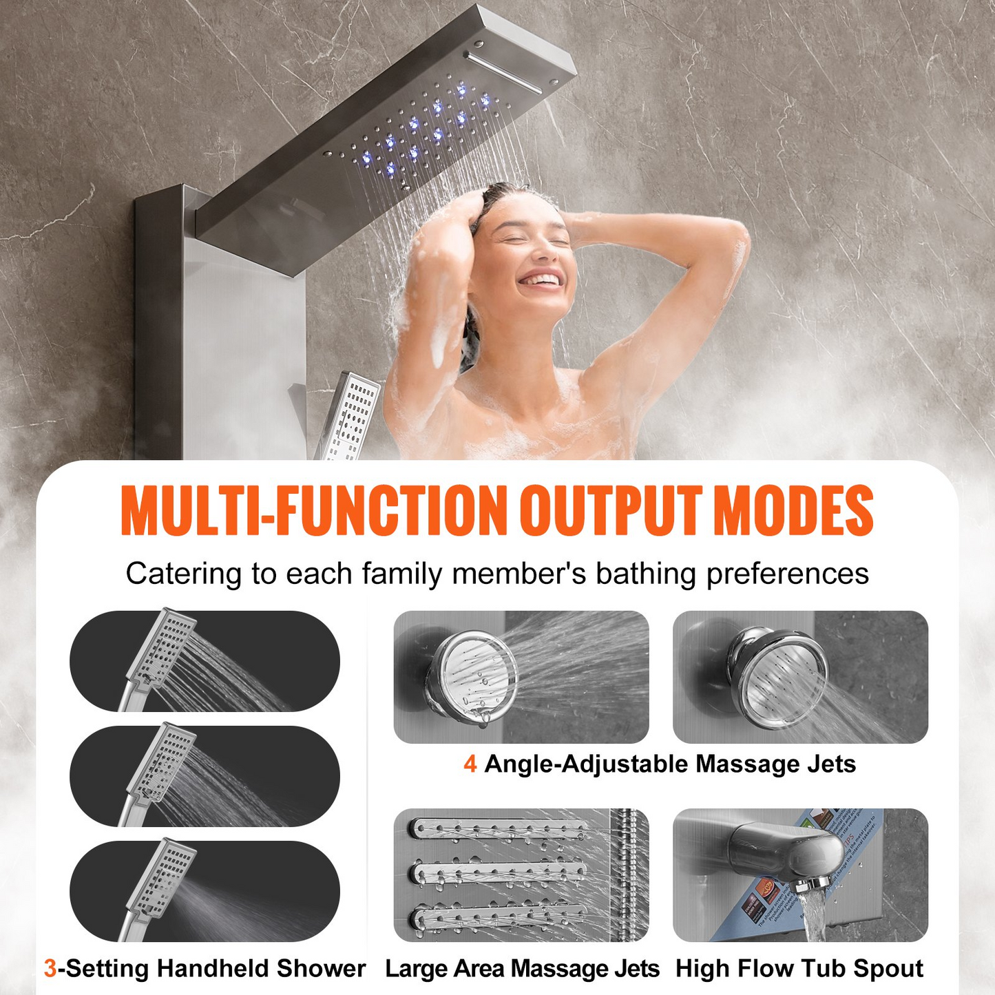 VEVOR Shower Panel System, 6 Shower Modes, LED & Screen Hydroelectricity Shower Panel Tower, Rainfall, Waterfall, 5 Massage Jets, Tub Spout, Handheld Shower, Stainless Steel Wall-Mounted Shower Set