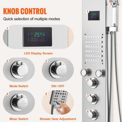 VEVOR Shower Panel System, 6 Shower Modes, LED & Screen Hydroelectricity Shower Panel Tower, Rainfall, Waterfall, 5 Massage Jets, Tub Spout, Handheld Shower, Stainless Steel Wall-Mounted Shower Set