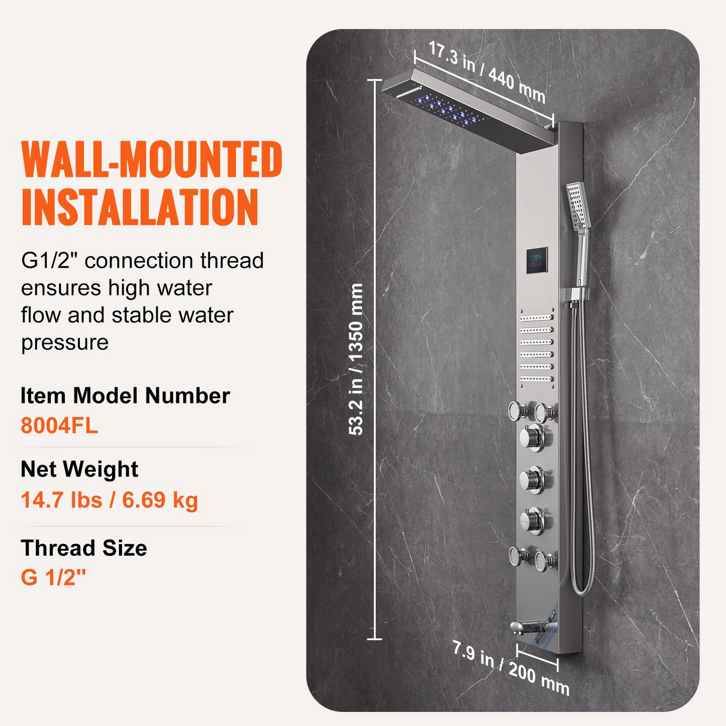 VEVOR Shower Panel System, 6 Shower Modes, LED & Screen Hydroelectricity Shower Panel Tower, Rainfall, Waterfall, 5 Massage Jets, Tub Spout, Handheld Shower, Stainless Steel Wall-Mounted Shower Set