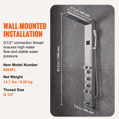 VEVOR Shower Panel System, 6 Shower Modes, LED & Screen Hydroelectricity Shower Panel Tower, Rainfall, Waterfall, 5 Massage Jets, Tub Spout, Handheld Shower, Stainless Steel Wall-Mounted Shower Set