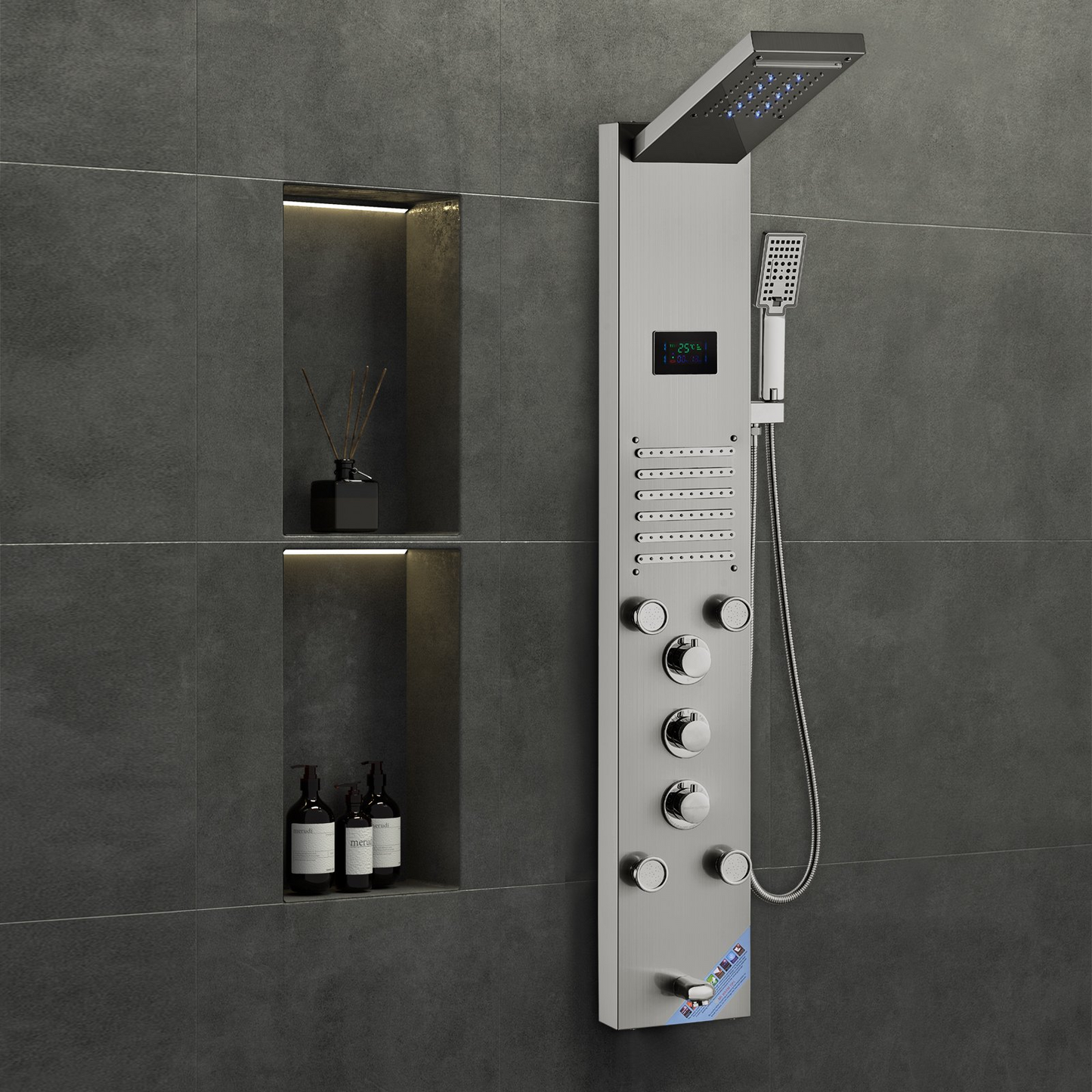 VEVOR Shower Panel System, 6 Shower Modes, LED & Screen Hydroelectricity Shower Panel Tower, Rainfall, Waterfall, 5 Massage Jets, Tub Spout, Handheld Shower, Stainless Steel Wall-Mounted Shower Set