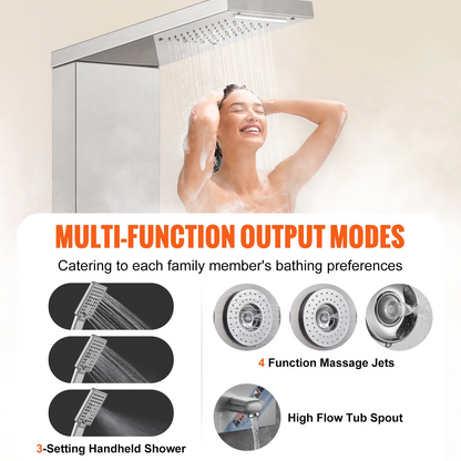 VEVOR Shower Panel System, 6 Shower Modes, LED & Display Shower Panel Tower, Rainfall, Waterfall, 4 Body Massage Jets, Tub Spout, Handheld Shower Head 59" Hose, Stainless Steel Wall-Mounted Shower Set