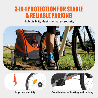 VEVOR Bike Trailer for Toddlers, Kids, Double Seat, 100 lbs Load, 2-In-1 Canopy Carrier Converts to Stroller, Tow Behind Foldable Child Bicycle Trailer with Universal Bicycle Coupler, Orange and Gray