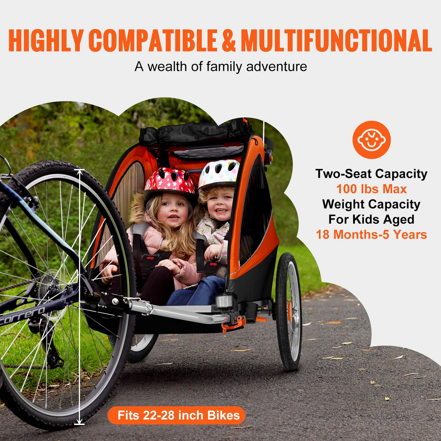 VEVOR Bike Trailer for Toddlers, Kids, Double Seat, 100 lbs Load, 2-In-1 Canopy Carrier Converts to Stroller, Tow Behind Foldable Child Bicycle Trailer with Universal Bicycle Coupler, Orange and Gray