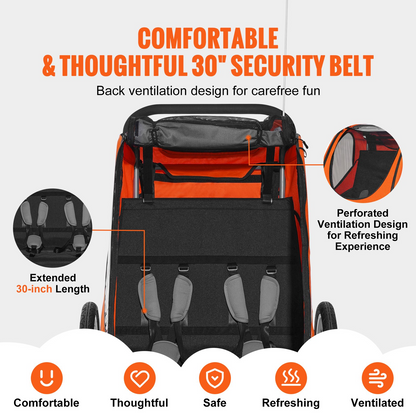 VEVOR Bike Trailer for Toddlers, Kids, Double Seat, 100 lbs Load, 2-In-1 Canopy Carrier Converts to Stroller, Tow Behind Foldable Child Bicycle Trailer with Universal Bicycle Coupler, Orange and Gray