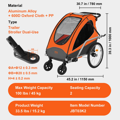 VEVOR Bike Trailer for Toddlers, Kids, Double Seat, 100 lbs Load, 2-In-1 Canopy Carrier Converts to Stroller, Tow Behind Foldable Child Bicycle Trailer with Universal Bicycle Coupler, Orange and Gray