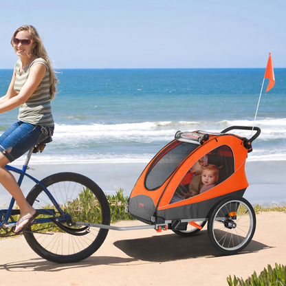 VEVOR Bike Trailer for Toddlers, Kids, Double Seat, 100 lbs Load, 2-In-1 Canopy Carrier Converts to Stroller, Tow Behind Foldable Child Bicycle Trailer with Universal Bicycle Coupler, Orange and Gray