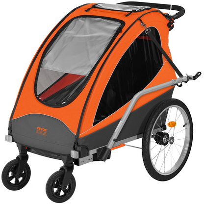 VEVOR Bike Trailer for Toddlers, Kids, Double Seat, 100 lbs Load, 2-In-1 Canopy Carrier Converts to Stroller, Tow Behind Foldable Child Bicycle Trailer with Universal Bicycle Coupler, Orange and Gray