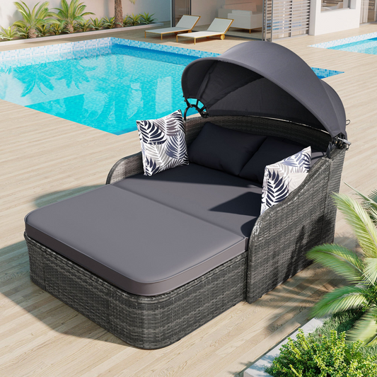 79.9" Outdoor Sunbed with Adjustable Canopy, Double Lounge, PE Rattan Daybed, Gray Wicker and Cushion