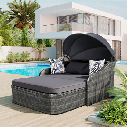 79.9" Outdoor Sunbed with Adjustable Canopy, Double Lounge, PE Rattan Daybed, Gray Wicker and Cushion