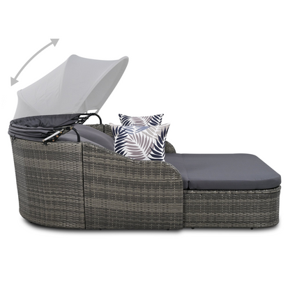 79.9" Outdoor Sunbed with Adjustable Canopy, Double Lounge, PE Rattan Daybed, Gray Wicker and Cushion