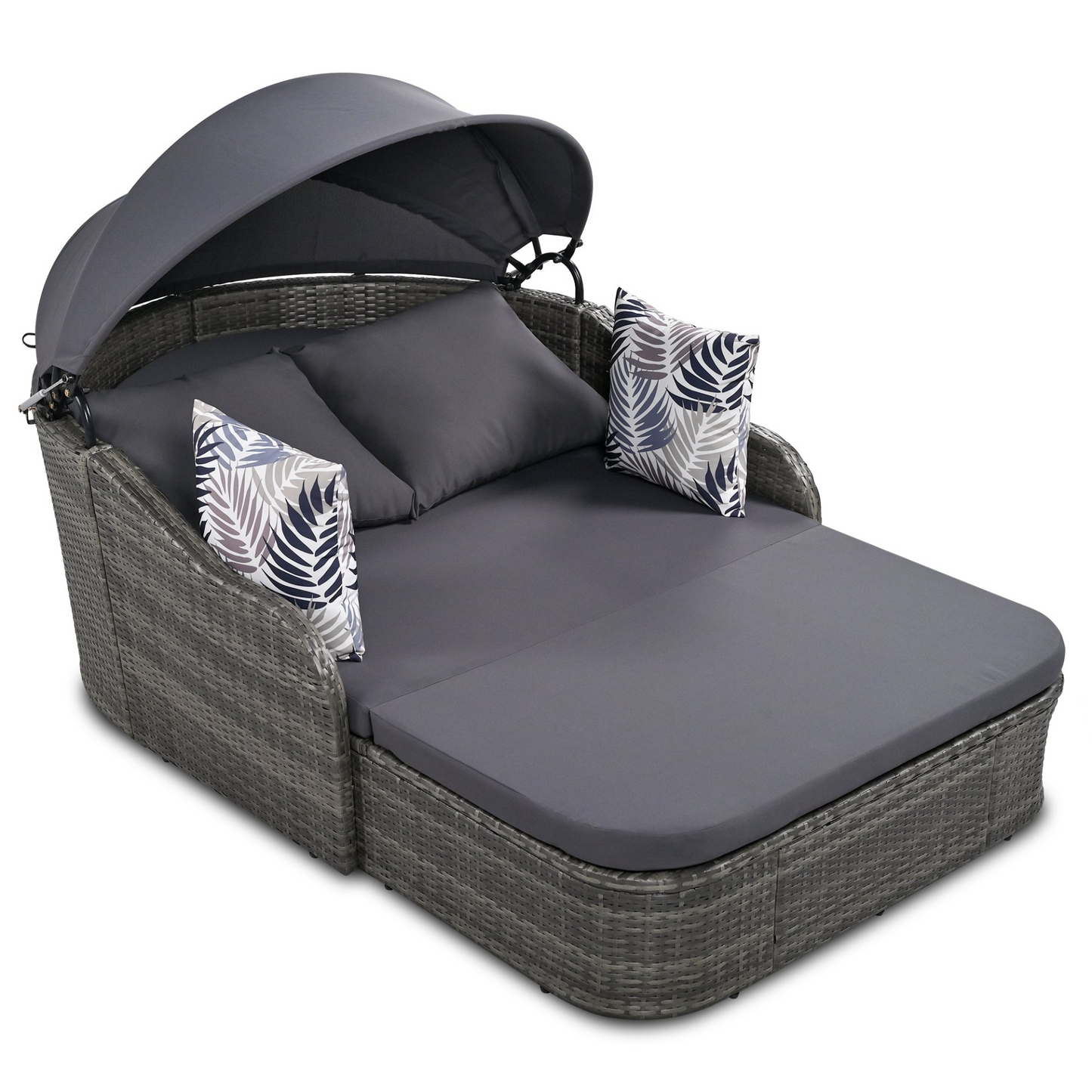 79.9" Outdoor Sunbed with Adjustable Canopy, Double Lounge, PE Rattan Daybed, Gray Wicker and Cushion