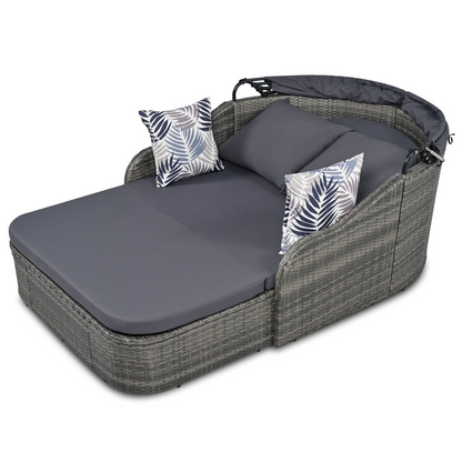 79.9" Outdoor Sunbed with Adjustable Canopy, Double Lounge, PE Rattan Daybed, Gray Wicker and Cushion