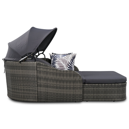 79.9" Outdoor Sunbed with Adjustable Canopy, Double Lounge, PE Rattan Daybed, Gray Wicker and Cushion