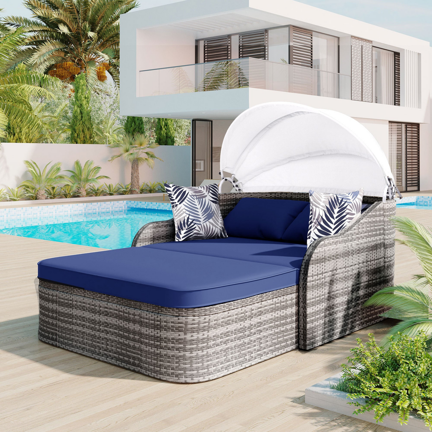 79.9" Outdoor Sunbed with Adjustable Canopy, Daybed With Pillows, Double Lounge, PE Rattan Daybed, Gray Wicker And Blue Cushion