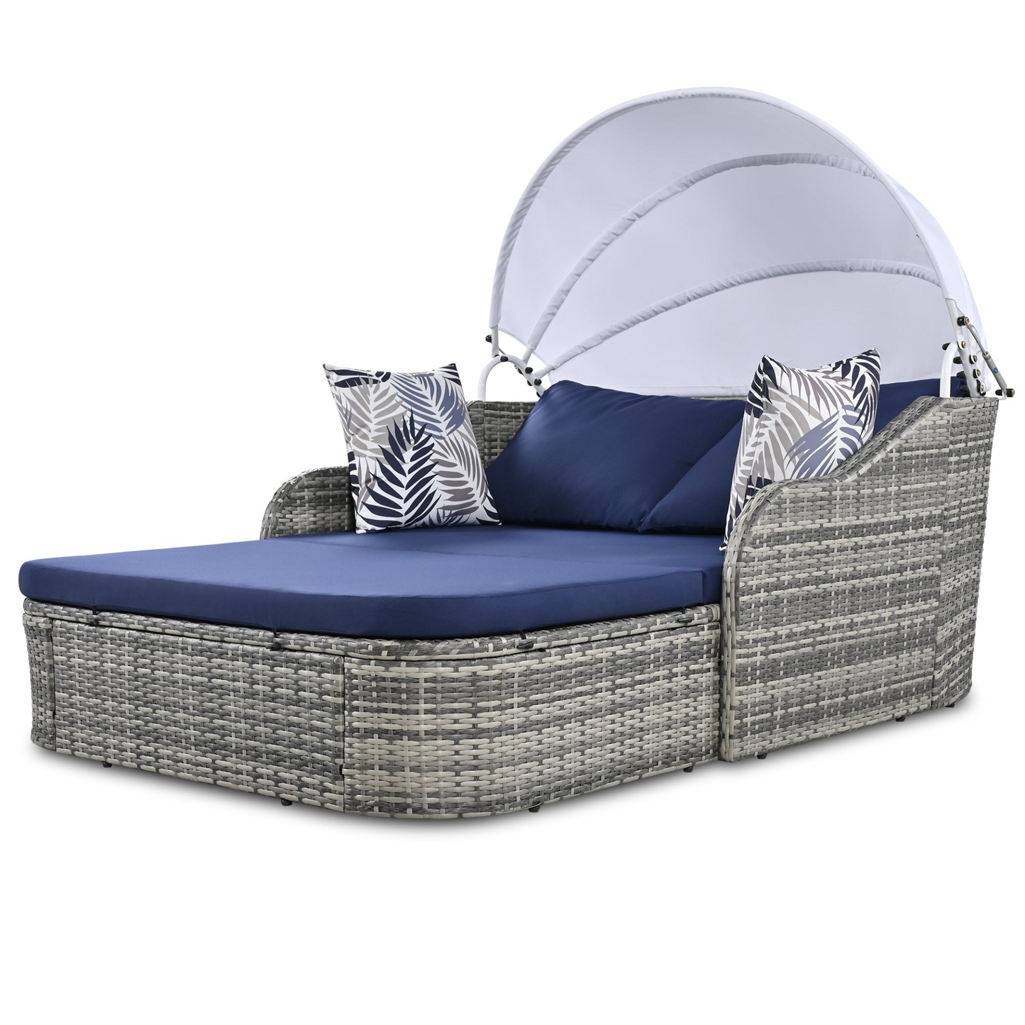 79.9" Outdoor Sunbed with Adjustable Canopy, Daybed With Pillows, Double Lounge, PE Rattan Daybed, Gray Wicker And Blue Cushion