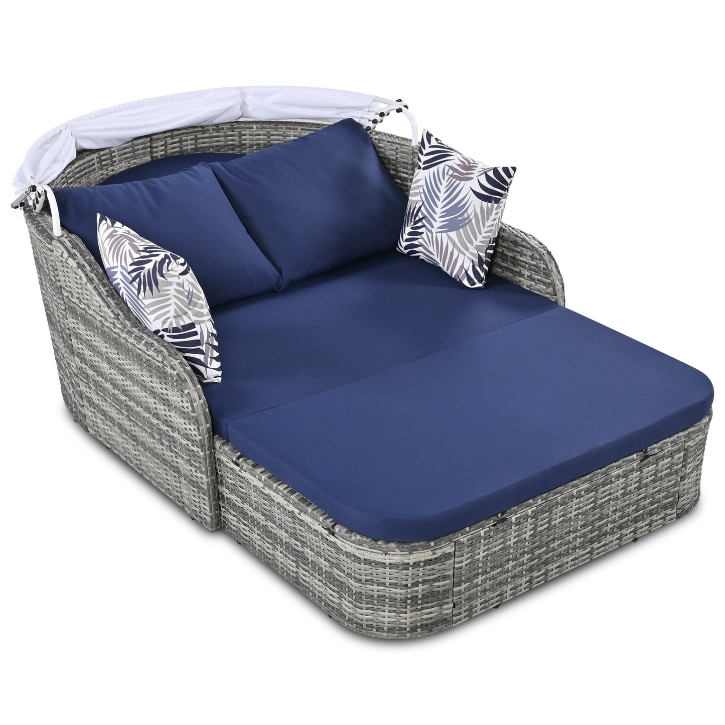 79.9" Outdoor Sunbed with Adjustable Canopy, Daybed With Pillows, Double Lounge, PE Rattan Daybed, Gray Wicker And Blue Cushion