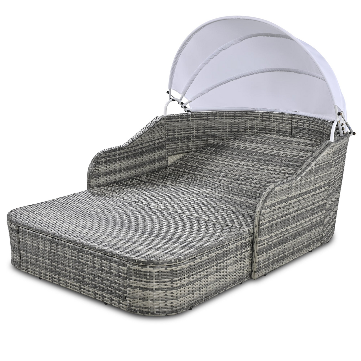 79.9" Outdoor Sunbed with Adjustable Canopy, Daybed With Pillows, Double Lounge, PE Rattan Daybed, Gray Wicker And Blue Cushion