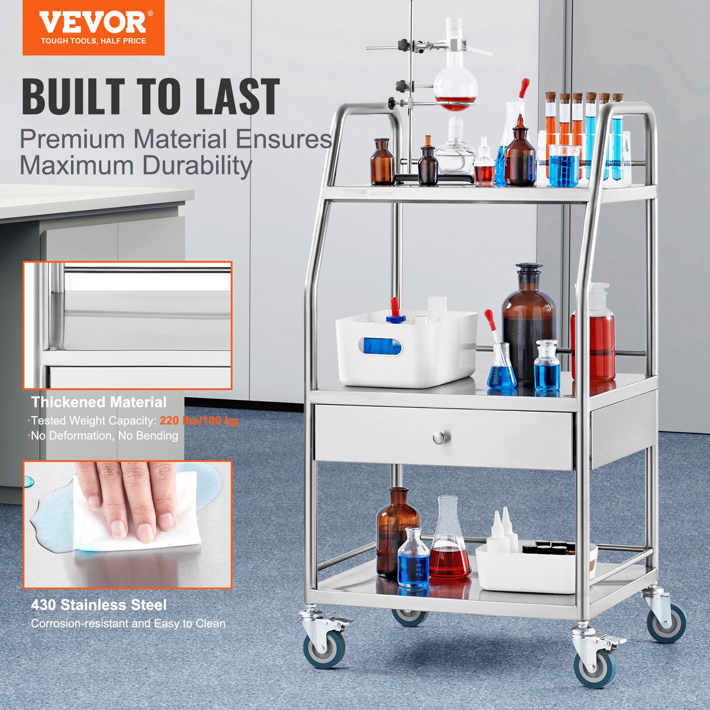 VEVOR Lab Serving Cart, 3 Layers Stainless Steel Utility Rolling Cart, Medical Cart with A Drawer, Dental Utility Cart with Lockable Wheels, for Laboratory, Hospital, Dental Use