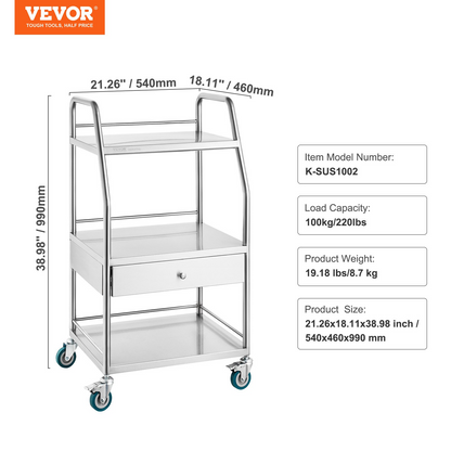 VEVOR Lab Serving Cart, 3 Layers Stainless Steel Utility Rolling Cart, Medical Cart with A Drawer, Dental Utility Cart with Lockable Wheels, for Laboratory, Hospital, Dental Use