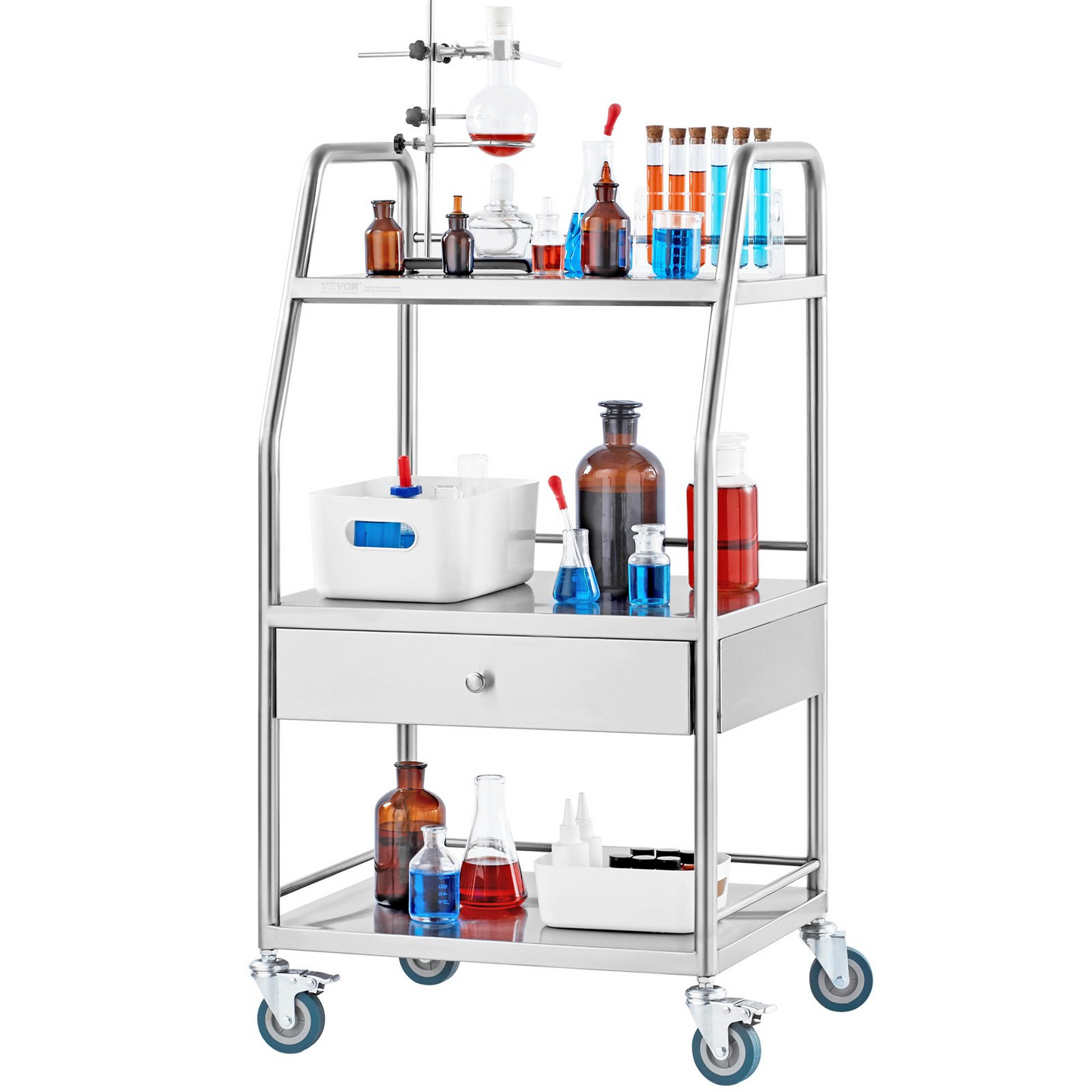 VEVOR Lab Serving Cart, 3 Layers Stainless Steel Utility Rolling Cart, Medical Cart with A Drawer, Dental Utility Cart with Lockable Wheels, for Laboratory, Hospital, Dental Use