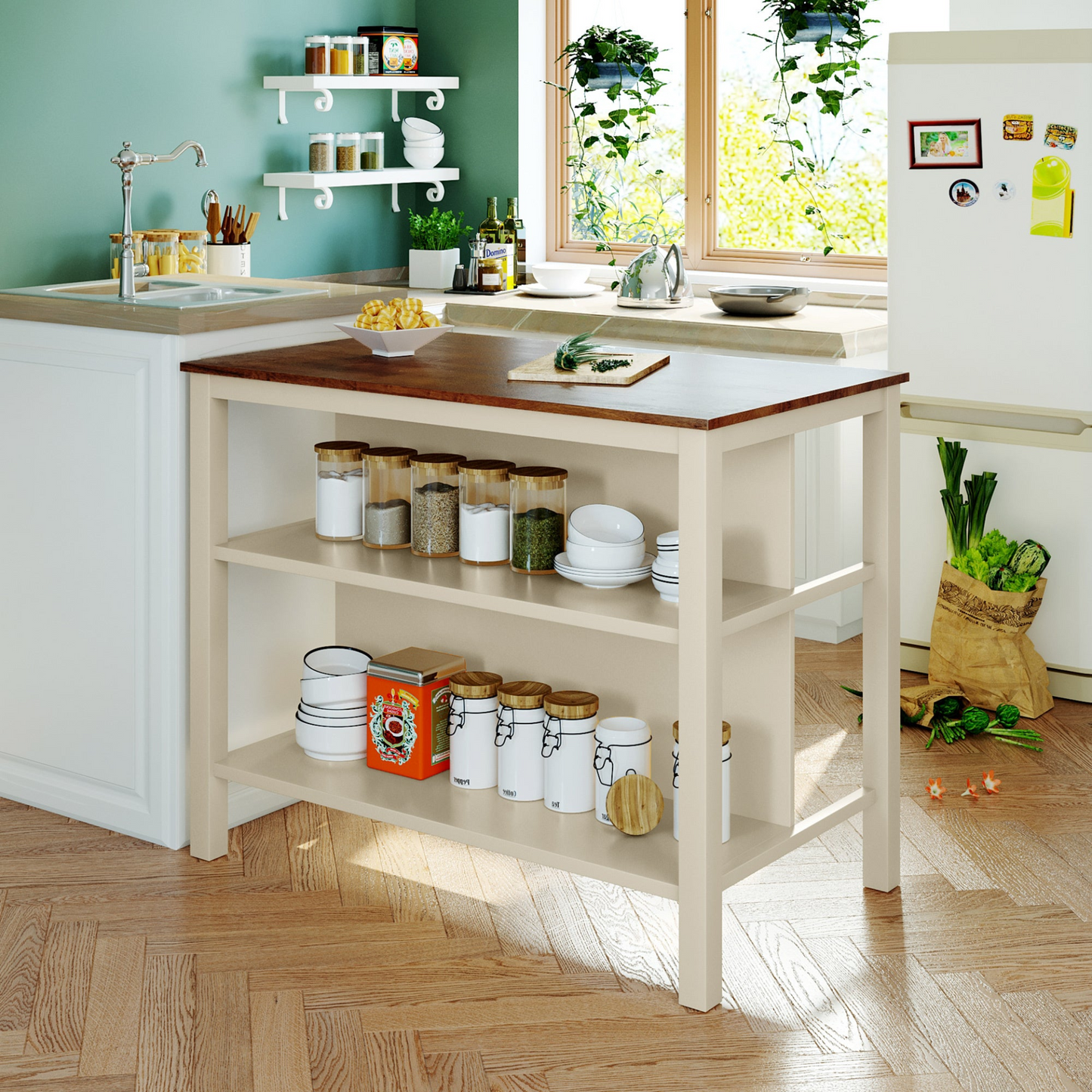 Solid Wood Rustic 45" Stationary Kitchen Island with 2 Open Shelves, Walnut+Cream White