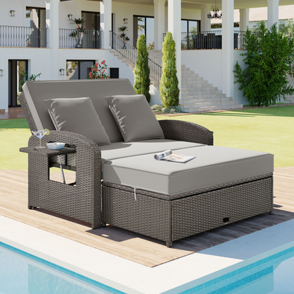 Gray Rattan Double Chaise Lounge with Adjustable Back & Storage - 2 Person Set