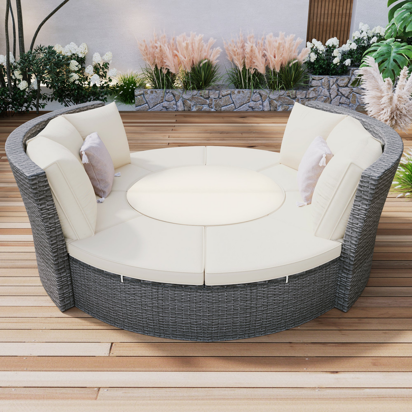 Patio 5-Piece Round Rattan Sectional Sofa Set All-Weather PE Wicker Sunbed Daybed with Round Liftable Table and Washable Cushions, Beige