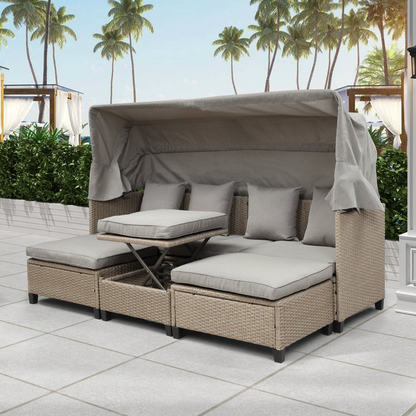 4 Piece UV-Proof Resin Wicker Patio Sofa Set with Retractable Canopy, Cushions and Lifting Table, Brown