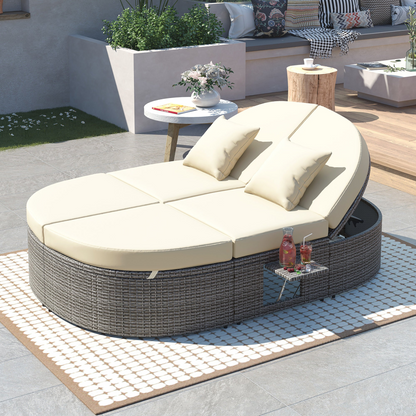 Outdoor Sun Bed Patio 2-Person Daybed with Cushions and Pillows, Rattan Garden Reclining Chaise Lounge - Beige