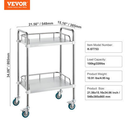 VEVOR Lab Rolling Cart, 2-Shelf Stainless Steel Rolling Cart, Lab Serving Cart with Swivel Casters, Dental Utility Cart for Clinic, Lab,  Hospital, Salon, 15.16"x21.57"x34.06"