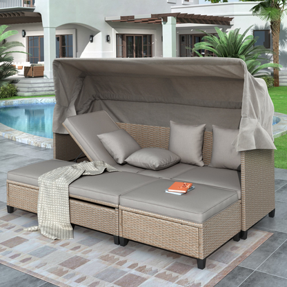 4 Piece UV-Proof Resin Wicker Patio Sofa Set with Retractable Canopy, Cushions and Lifting Table, Brown