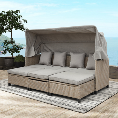 4 Piece UV-Proof Resin Wicker Patio Sofa Set with Retractable Canopy, Cushions and Lifting Table, Brown