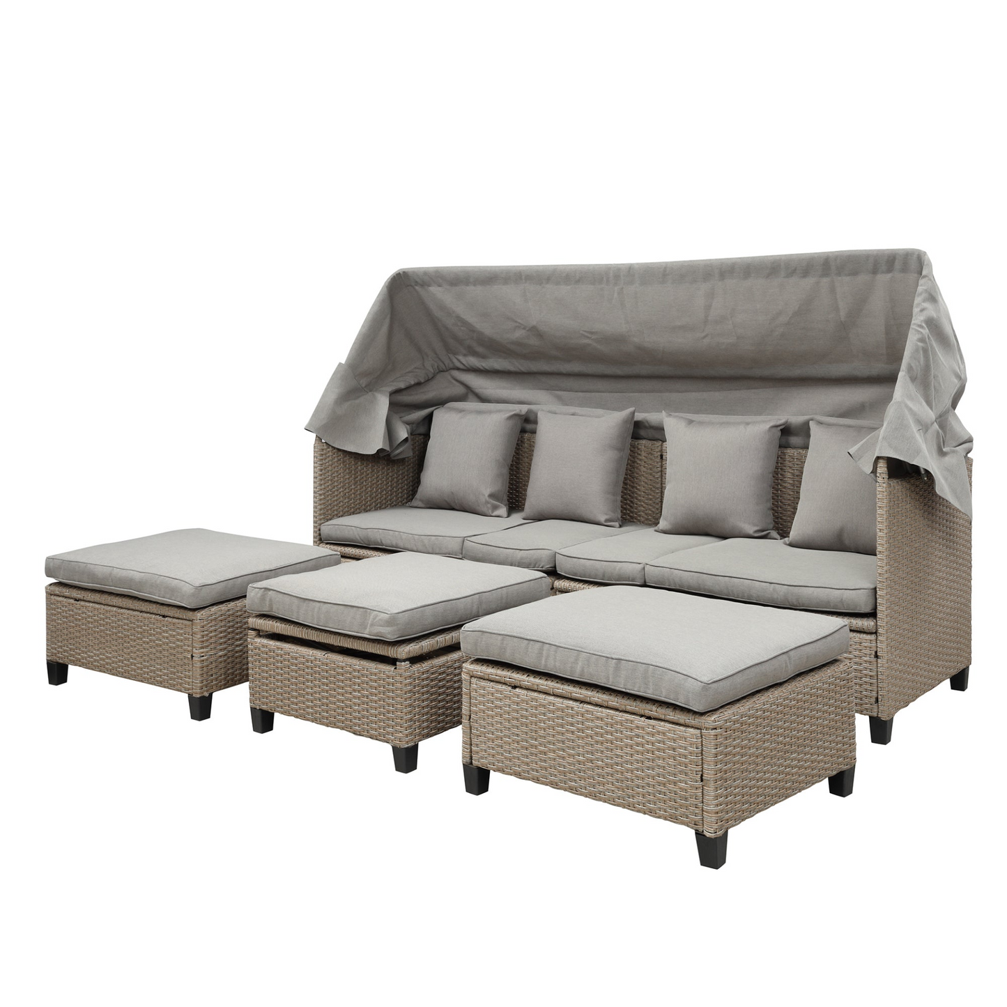 4 Piece UV-Proof Resin Wicker Patio Sofa Set with Retractable Canopy, Cushions and Lifting Table, Brown