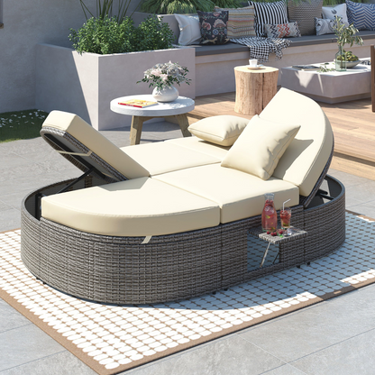 Outdoor Sun Bed Patio 2-Person Daybed with Cushions and Pillows, Rattan Garden Reclining Chaise Lounge - Beige