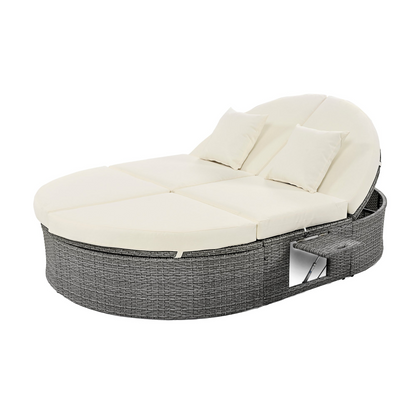 Outdoor Sun Bed Patio 2-Person Daybed with Cushions and Pillows, Rattan Garden Reclining Chaise Lounge - Beige