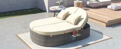 Outdoor Sun Bed Patio 2-Person Daybed with Cushions and Pillows, Rattan Garden Reclining Chaise Lounge - Beige