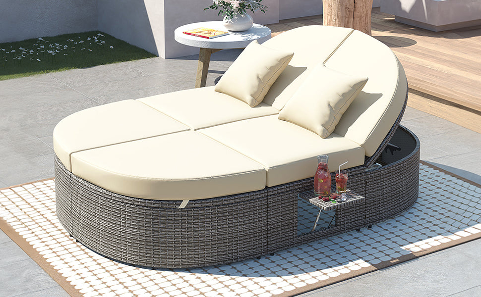 Outdoor Sun Bed Patio 2-Person Daybed with Cushions and Pillows, Rattan Garden Reclining Chaise Lounge - Beige