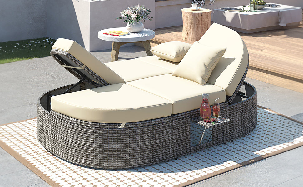 Outdoor Sun Bed Patio 2-Person Daybed with Cushions and Pillows, Rattan Garden Reclining Chaise Lounge - Beige