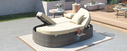 Outdoor Sun Bed Patio 2-Person Daybed with Cushions and Pillows, Rattan Garden Reclining Chaise Lounge - Beige